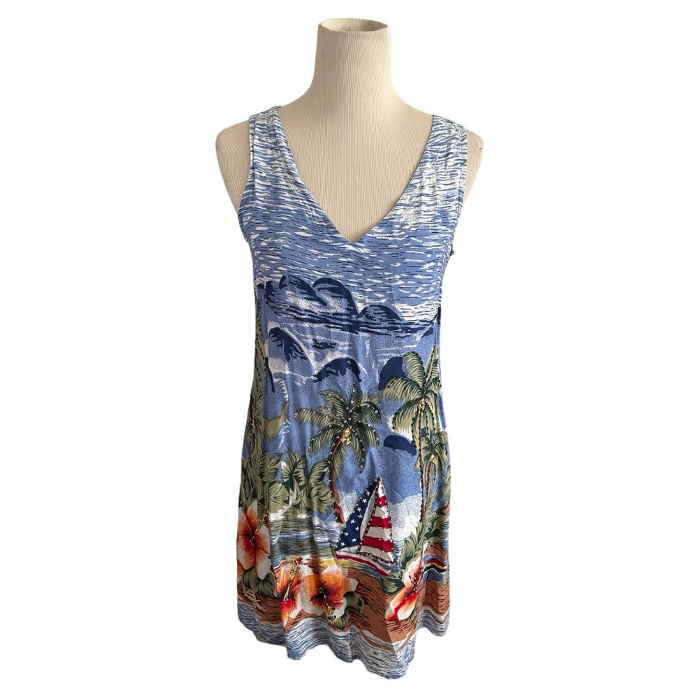 Hawaiian Beaded Shift Beach Floral Sailboat Print Palm Trees Vacay Shift, Sz S